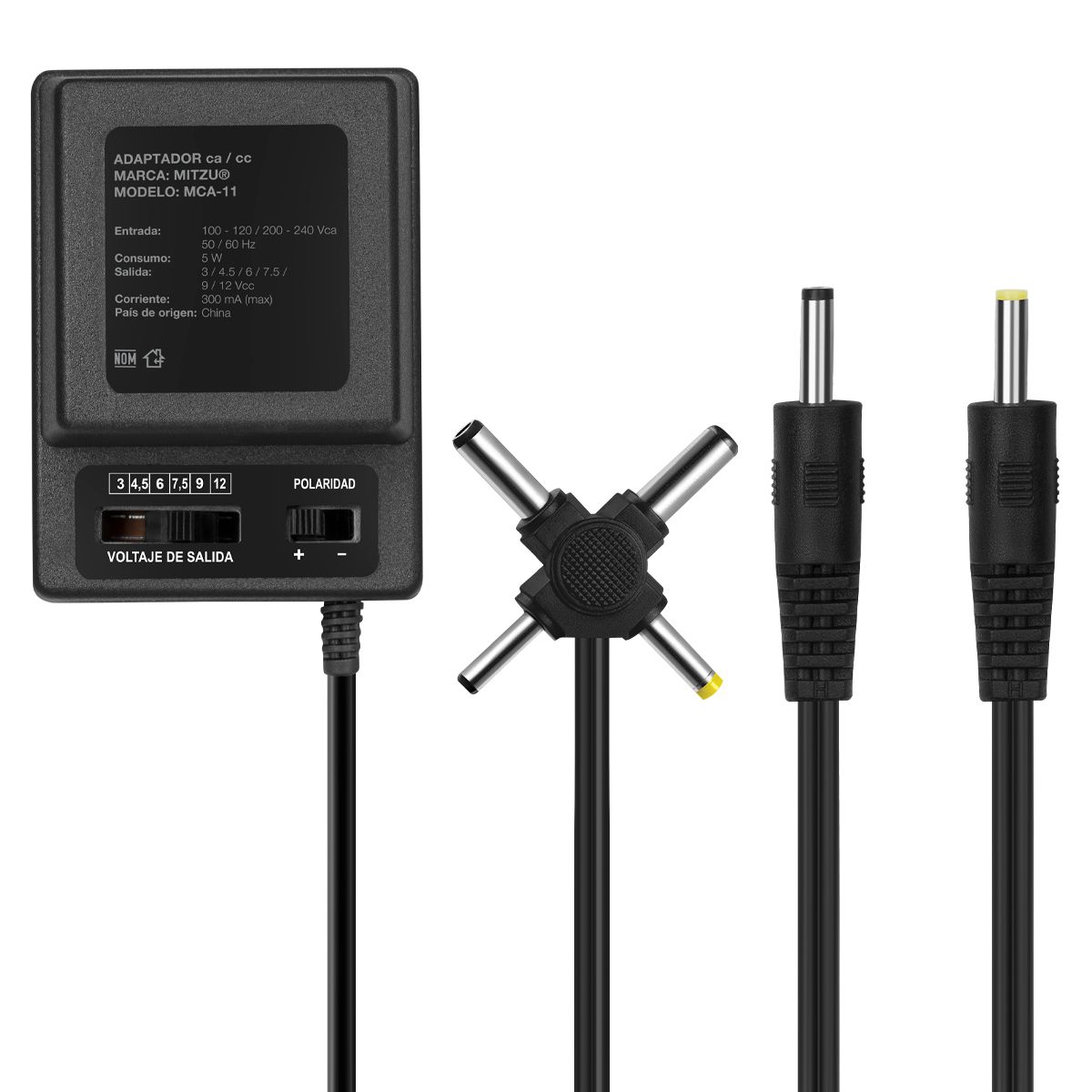 Eliminador múltiple salida 3 a 12 Vcc 300MA y 6 conectores