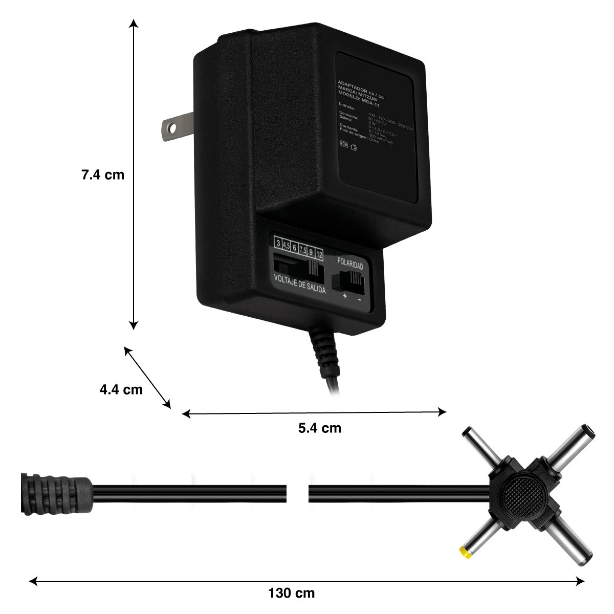 Eliminador múltiple salida 3 a 12 Vcc 300MA y 6 conectores
