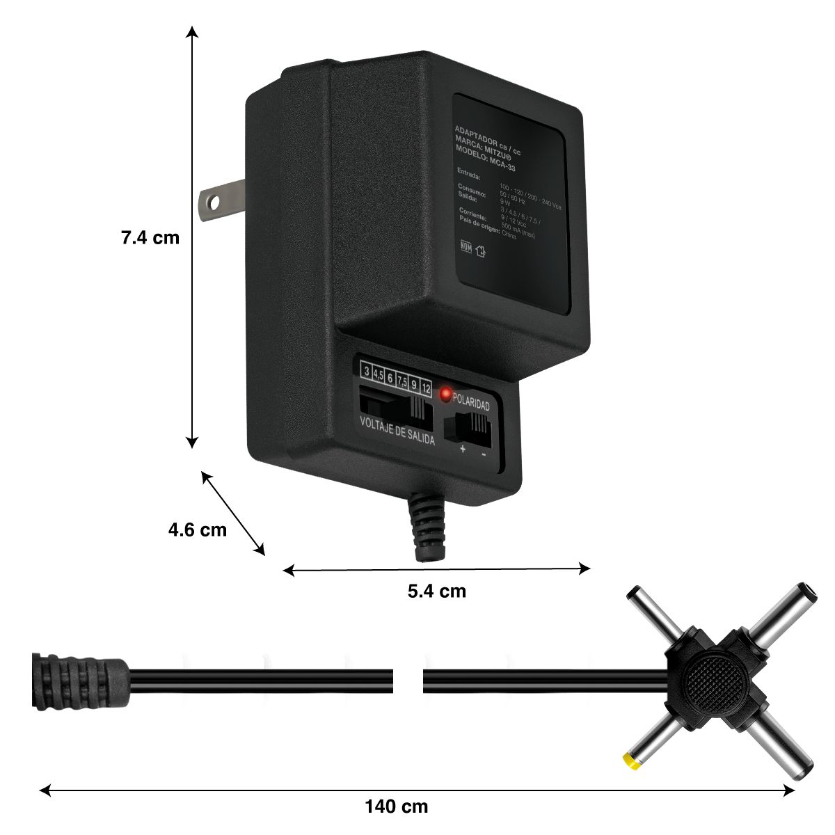 Eliminador de voltaje de 3 a 12 Vcc y 6 conectores 500MA