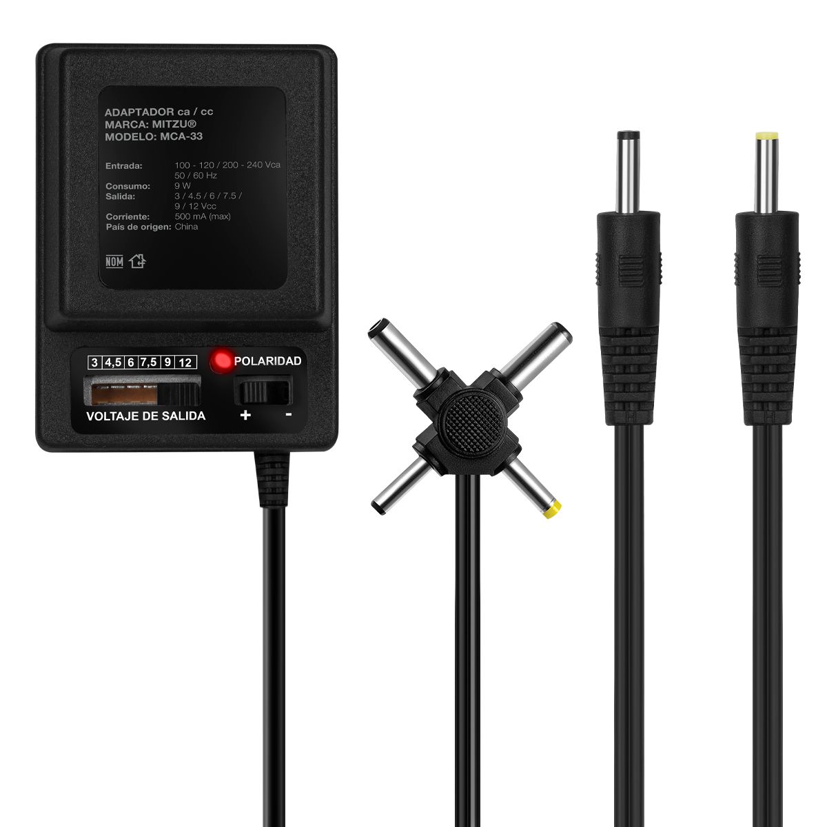 Eliminador de voltaje de 3 a 12 Vcc y 6 conectores 500MA