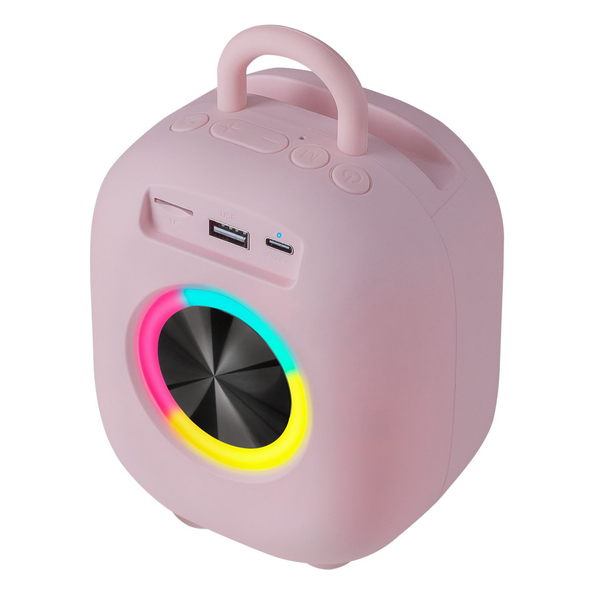 Bocina portátil recargable 15W RMS con reproductor FM rosa