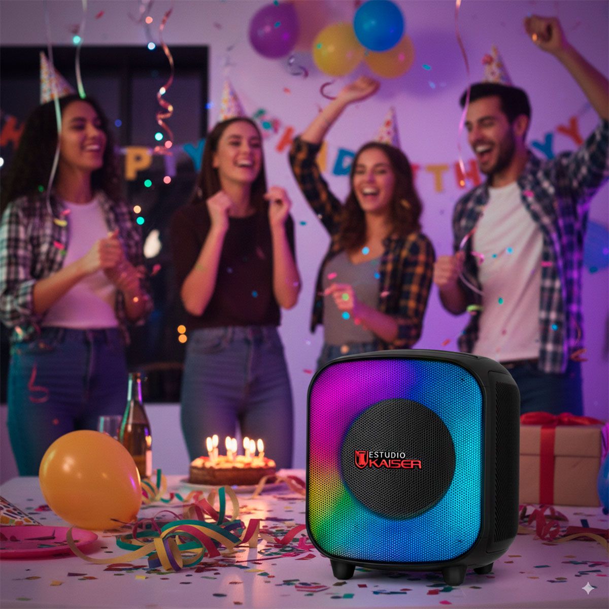 Bocina recargable 6.5" de 40 W RMS IPX4 con dos micrófonos inalámbricos