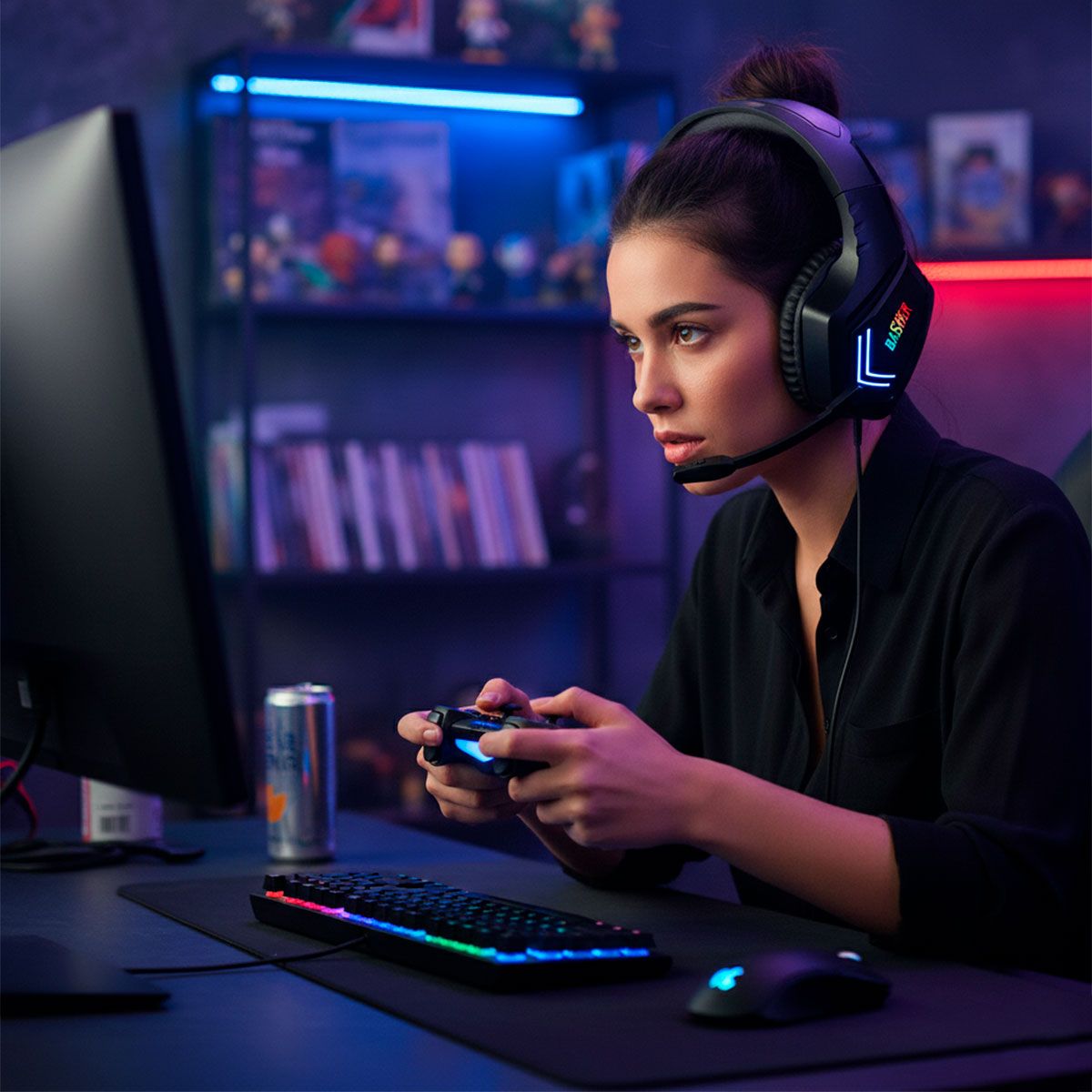 Diadema gamer con luz led con micrófono ajustable - negro