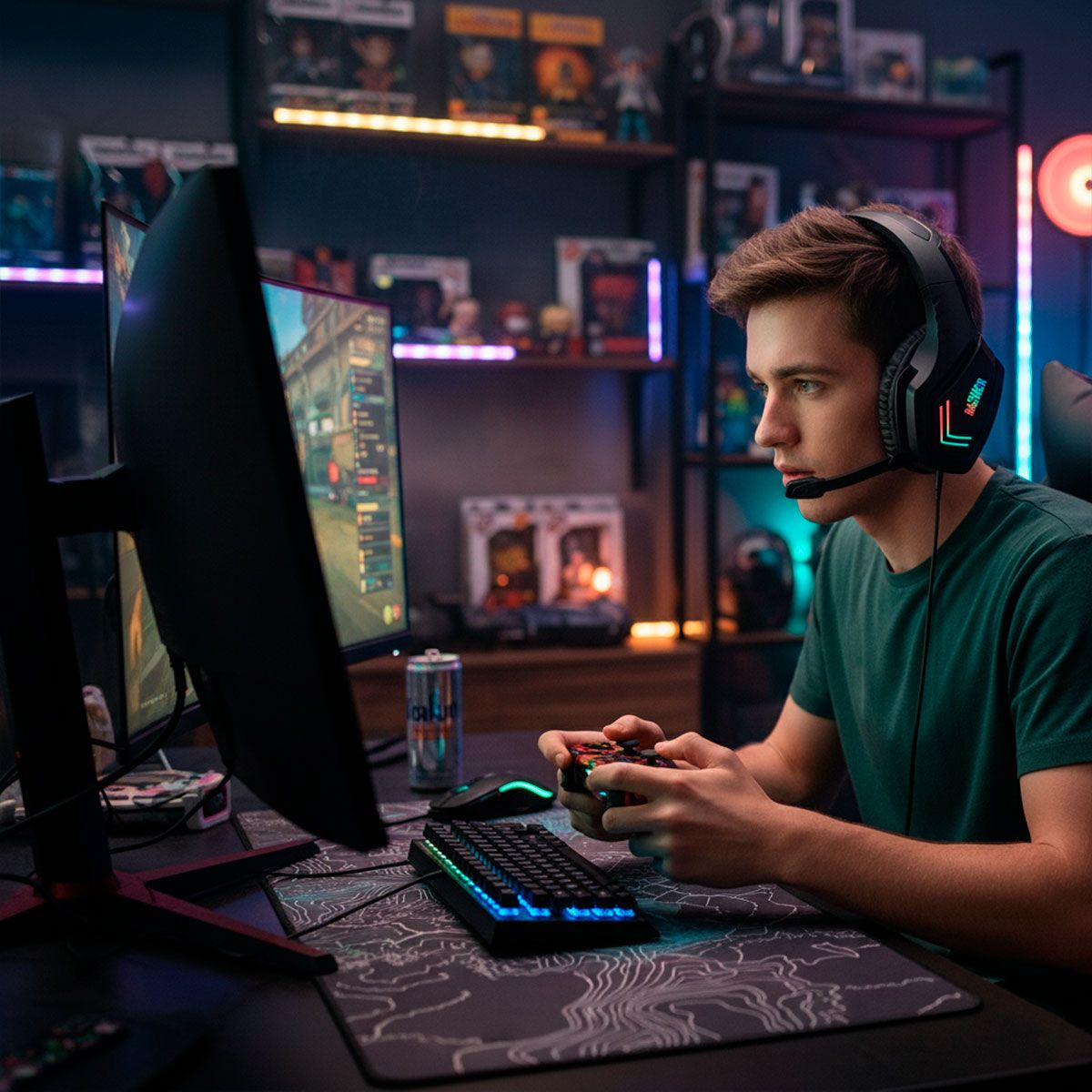 Diadema gamer con luz led con micrófono ajustable - negro